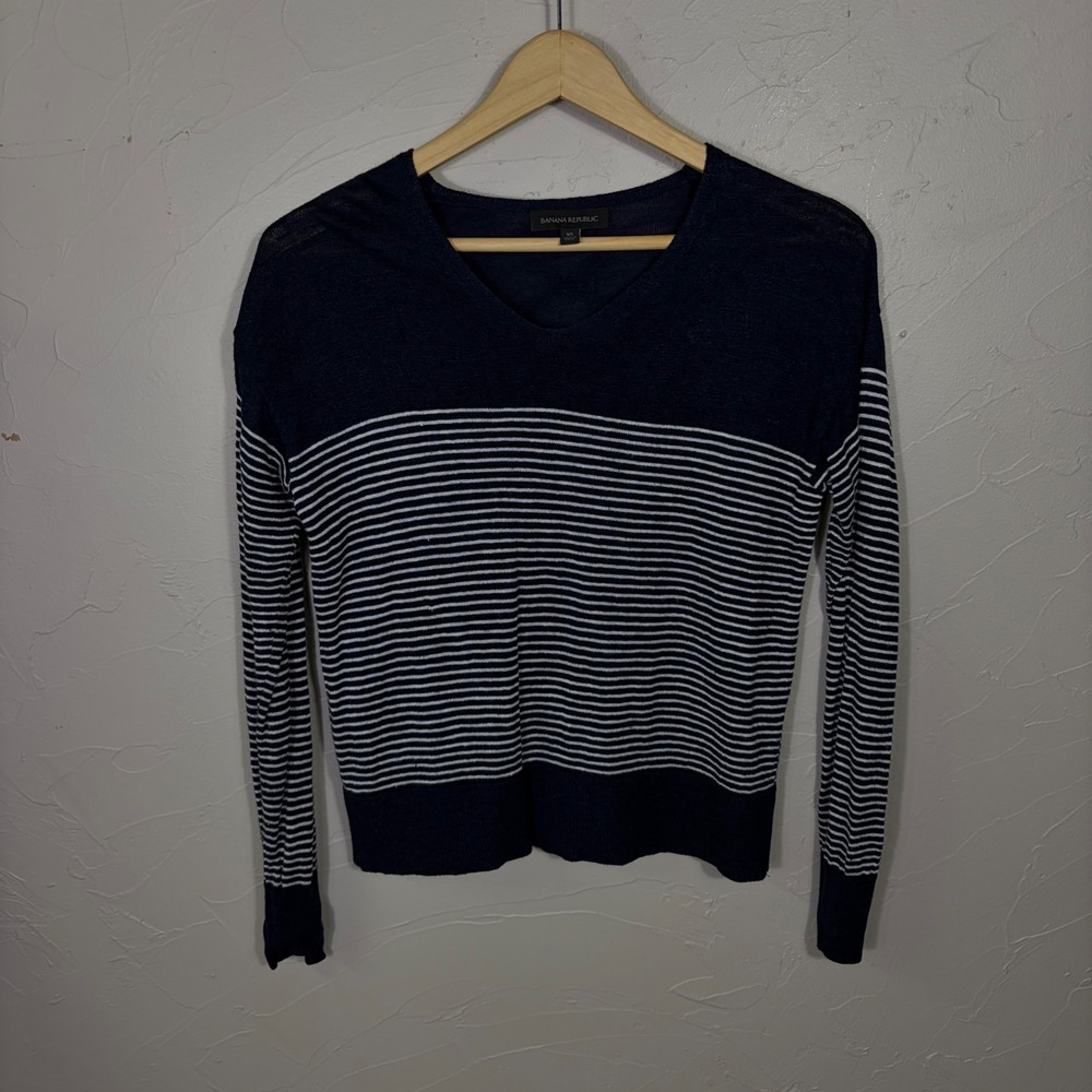 Banana Republic Linen Sweater Women XS Navy Blue Striped Coastal Nautical Preppy - Picture 3 of 10